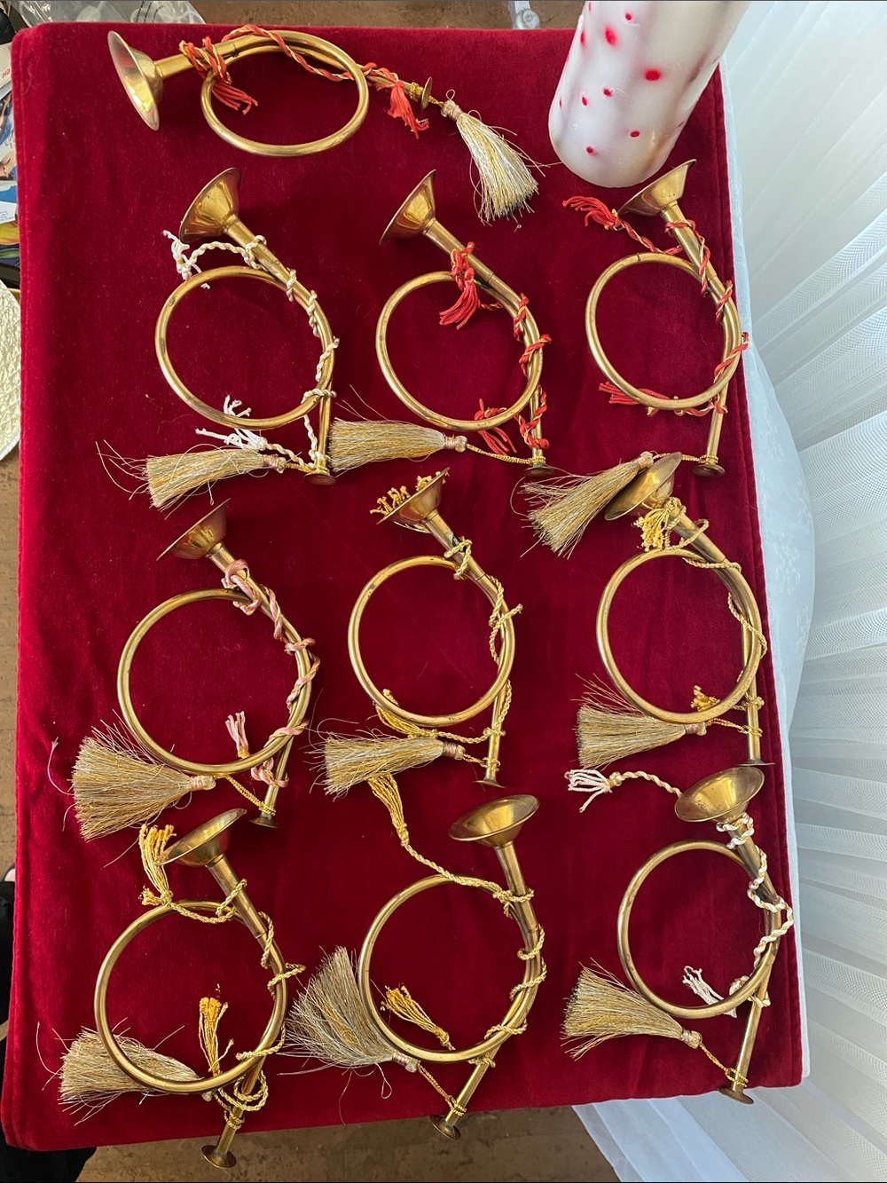 Vintage Brass Christmas Tree Decoration Ornaments with Tassels - Set of 10 Horns